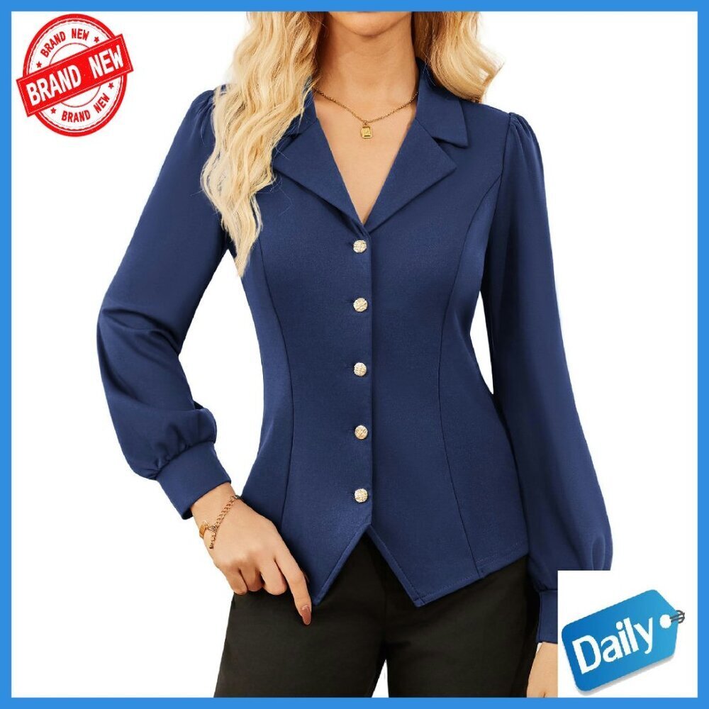 Silky Lantern Sleeve V-Neck Blouse for Work Office Business Formal